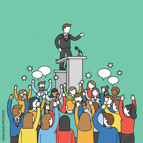 Political speaker addressing an enthusiastic crowd on a stage illustrating the power of public speaking and engagement in a vibrant illustration