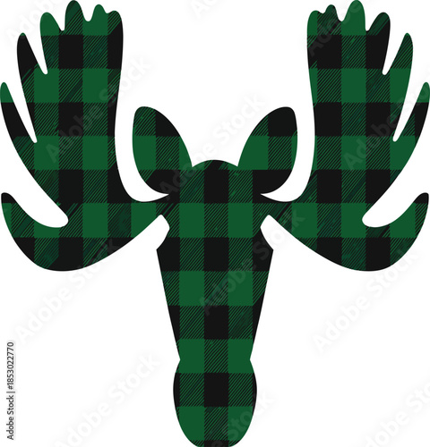 Moose Head Silhouette with Buffalo Plaid Pattern, Rustic Green and Black Vector Graphic Design