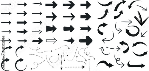 Large Arrow Set with Dotted Curly and Straight Styles, Thin to Thick Directional Arrows Collection, Navigation Vector Illustration
