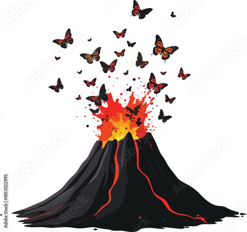 Volcano Erupting Colorful Butterflies Instead of Lava Symbolizing Rebirth, Transformation, and Metamorphosis Vector Illustration