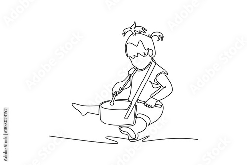 baby girl play drum at home. Children playing toys concept. Single line draw design. Vector graphic illustration