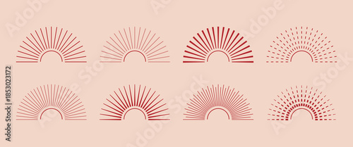 Abstract half sun, sunburst, sunrise, sunset symbols. Red concentrated lines modern burst, firework, solar effect