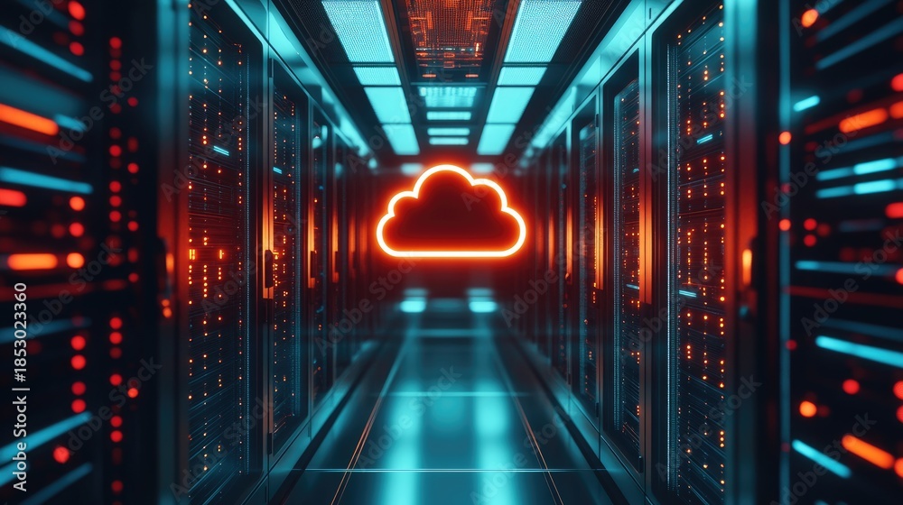 Obraz premium Cloud computing infrastructure inside modern IT data center corridor with glowing cloud icon, server racks, network storage, cybersecurity concept, perfect for cloud services and enterprise technology