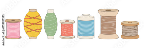 Set of Thread Spools and Bobbins for Sewing and Crafting, Colorful Tailor Thread Rolls Vector Illustration for Fashion Design, Needlework, Dressmaking, and Textile Art Projects