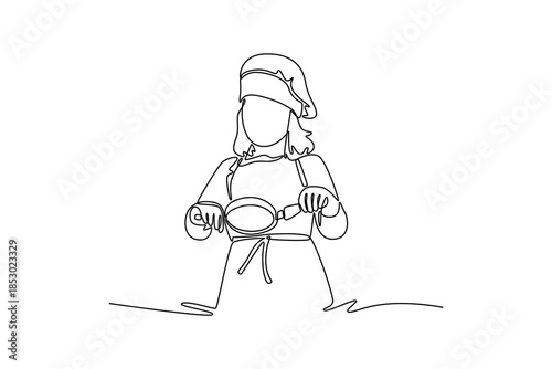 Little girl in chef hat and apron cooking fried eggs in toy kitchen. Children playing toys concept. Single line draw design. Vector graphic illustration