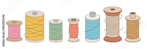 Set of Thread Spools and Bobbins for Sewing and Crafting, Colorful Tailor Thread Rolls Vector Illustration for Fashion Design, Needlework, Dressmaking, and Textile Art Projects