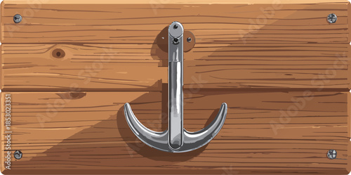 Detailed Metal Coat Hook Mounted on Wood Surface for Interior Organization, Home Decor, and Functional Storage Vector Illustration
