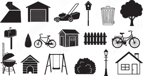 Black silhouettes of suburban neighborhood elements