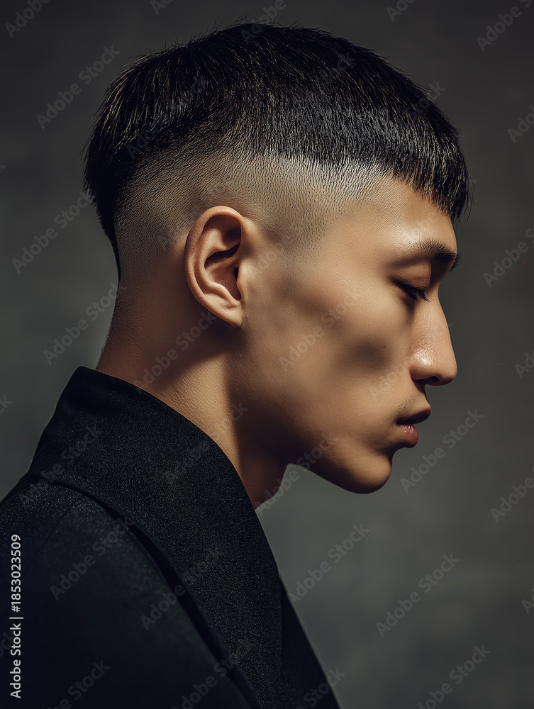 Fototapeta premium Fashionable Korean Man Profile with Trendy Crop Cut and Fade
