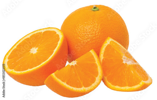 Orange slice isolate. Orange fruit half and slice set on white background. With clipping path. Full depth of field.