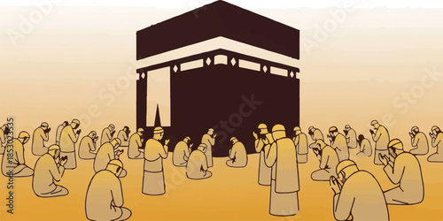Muslim Pilgrims Praying and Performing Rituals at the Kaaba Illustration