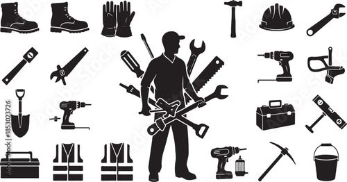 Worker with construction tools and equipment