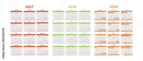 Multi-year vector calendar template for 2027, 2028, and 2029, featuring three annual grids with different color schemes. Includes 12-month sheets with weeks starting on Sunday.