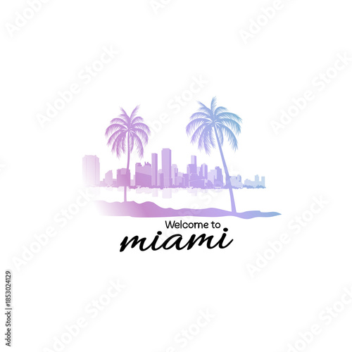 Minimal line art illustration of iconic Miami landmarks with palm trees and Art Deco style, capturing a modern tropical beach vibe. Ideal for t-shirts, posters, brandingช, and travel designs.