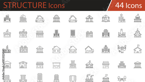 Building line icon set, architecture symbols, urban infrastructure, residential and commercial structures, black and white vector illustration for city planning, real estate, education