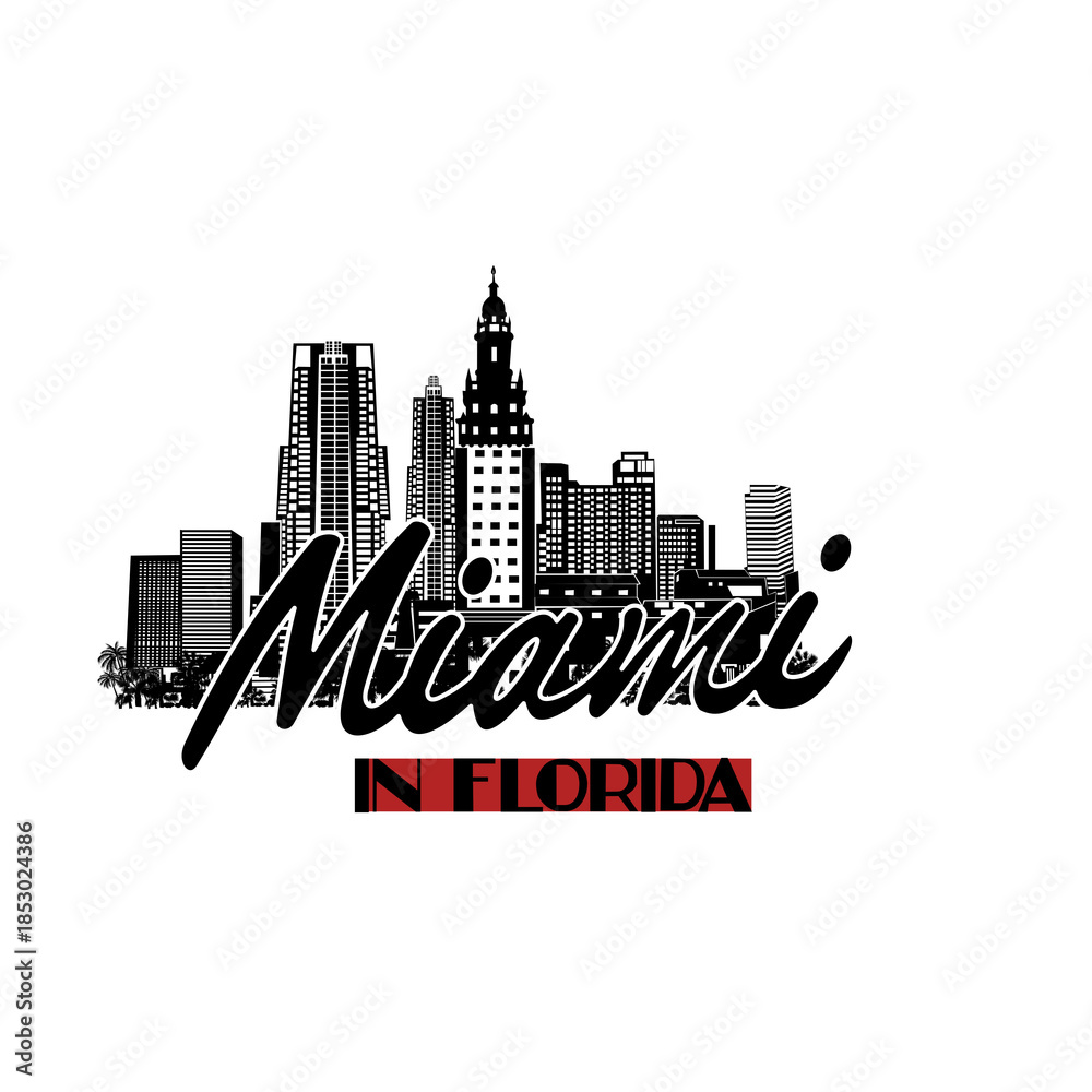Fototapeta premium Minimal line art illustration of iconic Miami landmarks with palm trees and Art Deco style, capturing a modern tropical beach vibe. Ideal for t-shirts, posters, brandingช, and travel designs.