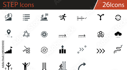 Business growth and progress icons set featuring advancement, strategy, workflow, analytics, and achievement symbols for presentations, dashboards, marketing materials, and corporate development 
