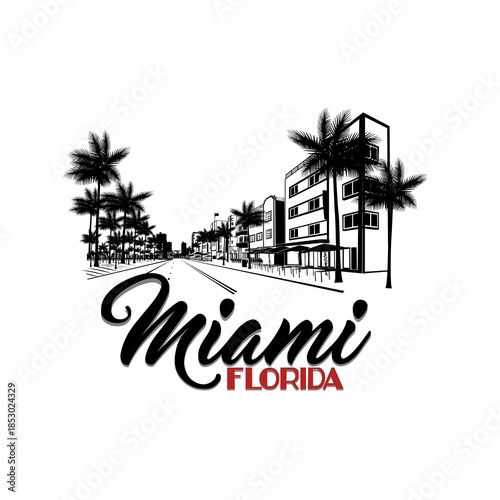 Minimal line art illustration of iconic Miami landmarks with palm trees and Art Deco style, capturing a modern tropical beach vibe. Ideal for t-shirts, posters, brandingช, and travel designs.