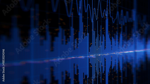Closeup of Big Data sound complex graph background with shallow DOF. Cyber space of Audio AI technology. Futuristic graph. Digital audio information presentation.