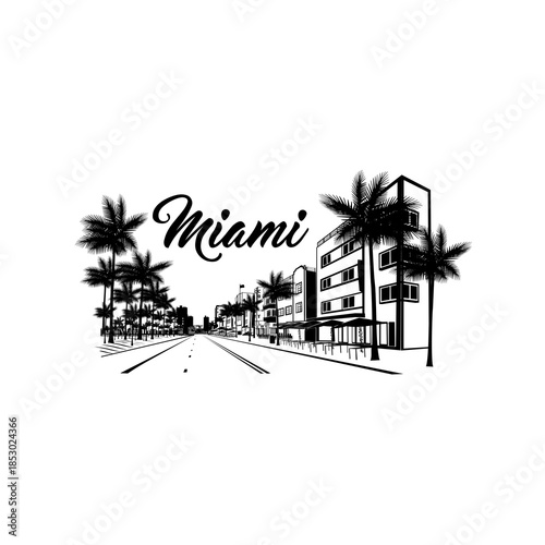 Minimal line art illustration of iconic Miami landmarks with palm trees and Art Deco style, capturing a modern tropical beach vibe. Ideal for t-shirts, posters, brandingช, and travel designs.