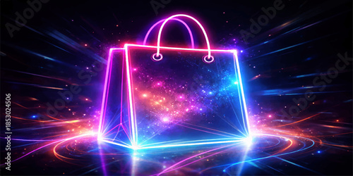 A glowing neon light bulb shines against an abstract background of colorful stars and space, creating a magic blue energy flare and bright night sky illustration with a shiny technology design