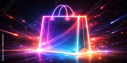 Abstract neon light display featuring a glowing blue energy sphere and bright stars in a dark galaxy space design with technology flare and magic planetary glow