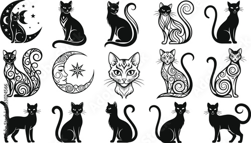 Mystical black cat illustration set with moon and decorative patterns, magical feline vector collection in boho occult style for tattoo and design