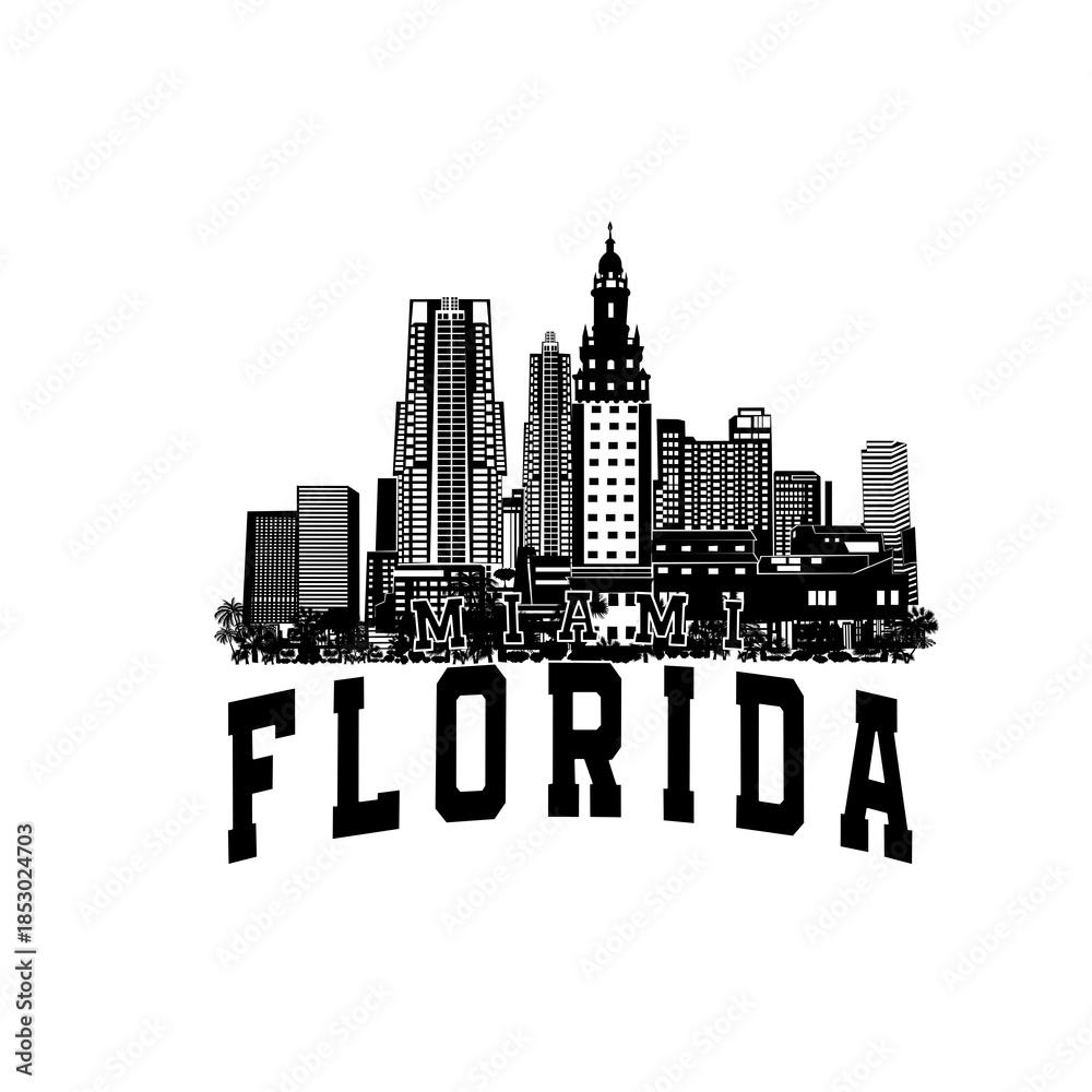 Fototapeta premium Minimal line art illustration of iconic Miami landmarks with palm trees and Art Deco style, capturing a modern tropical beach vibe. Ideal for t-shirts, posters, branding, and travel designs.