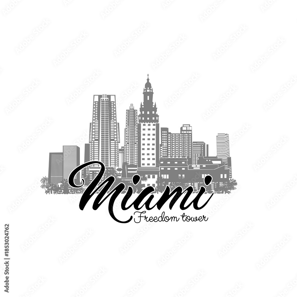 Obraz premium Minimal line art illustration of iconic Miami landmarks with palm trees and Art Deco style, capturing a modern tropical beach vibe. Ideal for t-shirts, posters, branding, and travel designs.