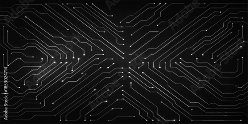 This vector illustration of a printed electronic circuit board design features a digital motherboard pattern representing modern computer hardware technology and integrated processor engineering