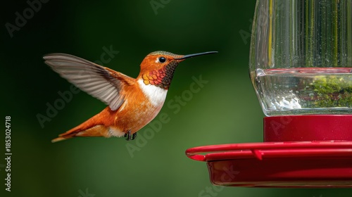 Rufous Hummingbird Hovering Near Red Bird Feeder in Summer Garden