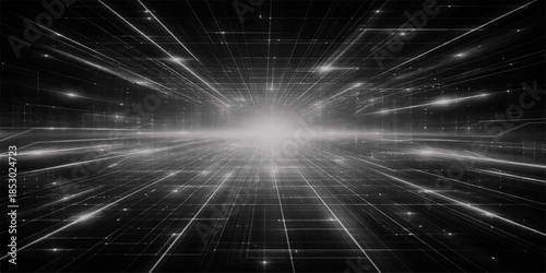 An abstract fractal background featuring an explosion of blue light and stars over a digital grid pattern to create a motion-filled cyberspace backdrop for science and technology communication