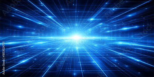 A futuristic blue abstract background features a bright digital star burst and glowing light patterns in deep space with a shiny energy explosion design