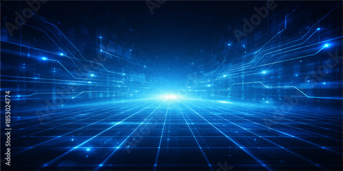 Abstract blue technology background featuring a digital grid pattern with light fractals and motion wave elements for a futuristic science communication wallpaper