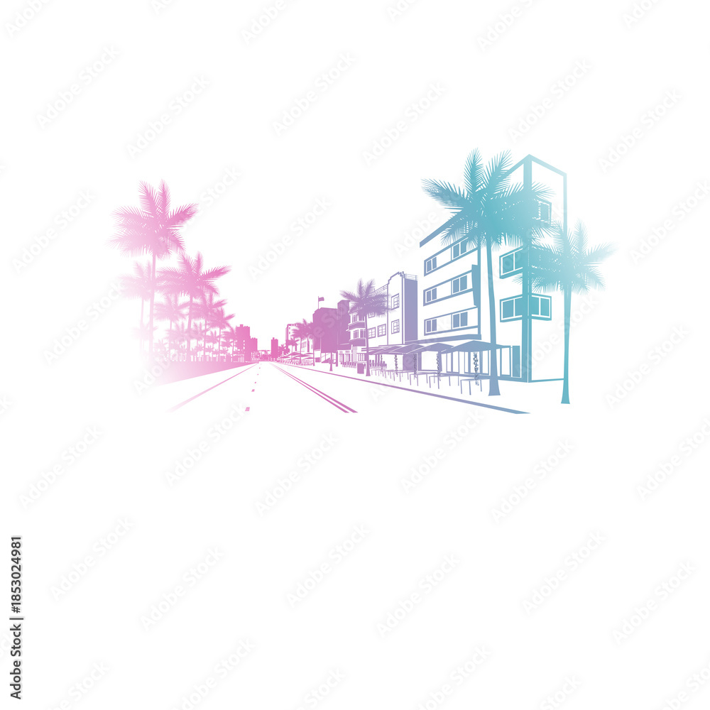 Fototapeta premium Minimal line art illustration of iconic Miami landmarks with palm trees and Art Deco style, capturing a modern tropical beach vibe. Ideal for t-shirts, posters, branding, and travel designs.