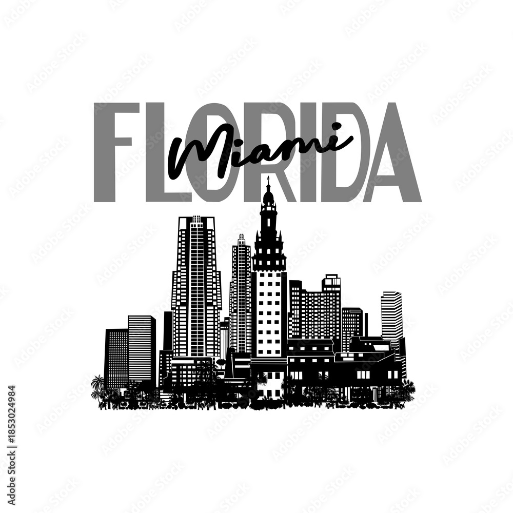 Naklejka premium Minimal line art illustration of iconic Miami landmarks with palm trees and Art Deco style, capturing a modern tropical beach vibe. Ideal for t-shirts, posters, branding, and travel designs.