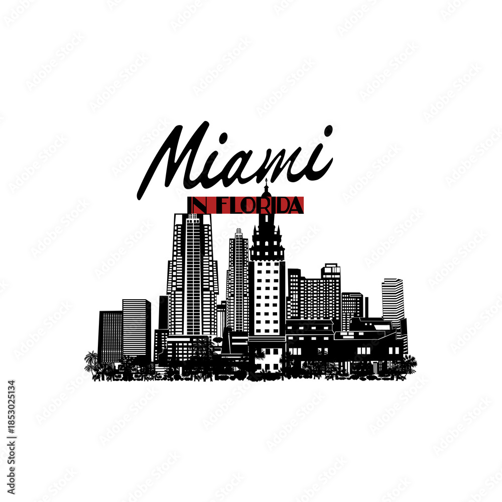 Fototapeta premium Minimal line art illustration of iconic Miami landmarks with palm trees and Art Deco style, capturing a modern tropical beach vibe. Ideal for t-shirts, posters, branding, and travel designs.
