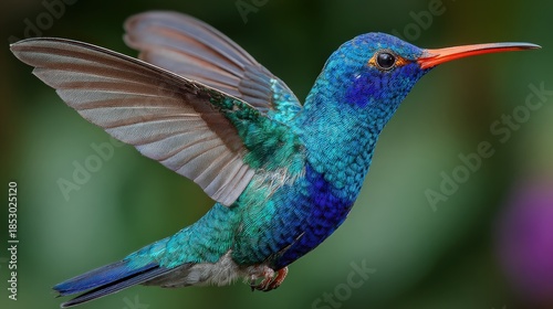Sparkling Violetear Hummingbird in Flight with Vibrant Blue and Green Plumage