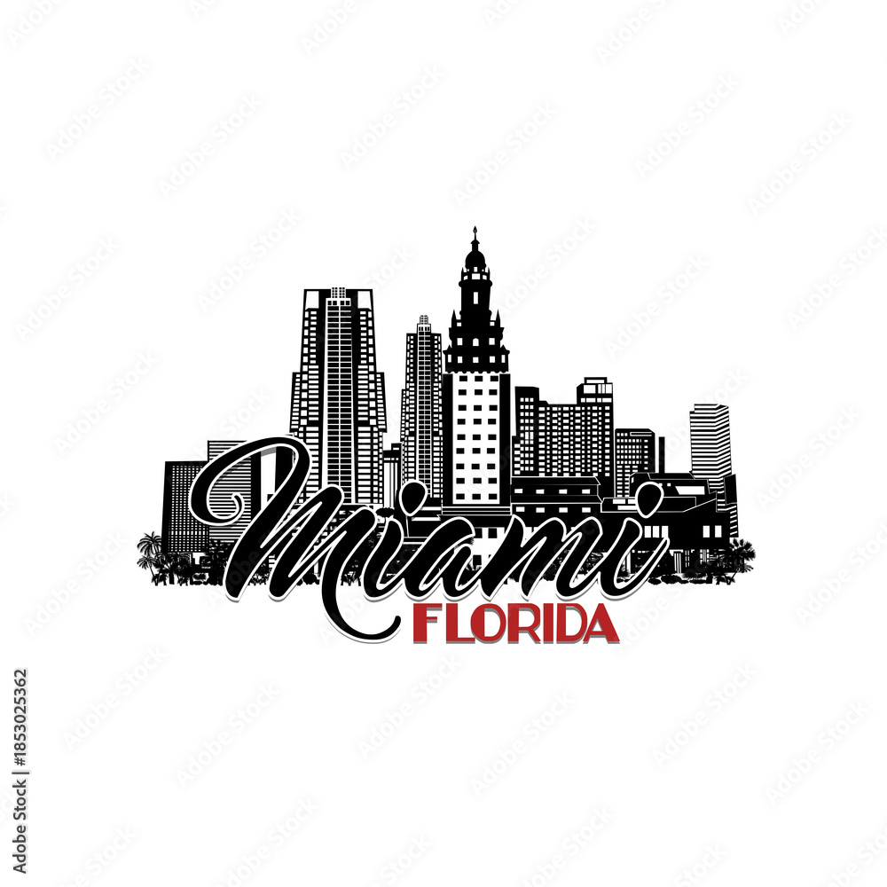 Naklejka premium Minimal line art illustration of iconic Miami landmarks with palm trees and Art Deco style, capturing a modern tropical beach vibe. Ideal for t-shirts, posters, branding, and travel designs.
