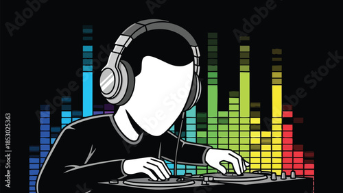 Silhouette of a DJ wearing headphones and mixing music on turntables with a vibrant equalizer background creating an energetic party atmosphere