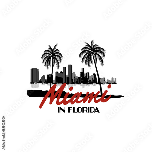 Minimal line art illustration of iconic Miami landmarks with palm trees and Art Deco style, capturing a modern tropical beach vibe. Ideal for t-shirts, posters, branding, and travel designs.