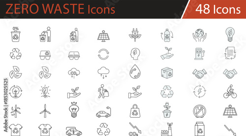 Eco-friendly and sustainability icons set featuring recycling, renewable energy, green technology, carbon reduction, conservation, and environmental protection for eco-conscious branding  
