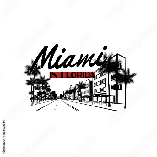 Minimal line art illustration of iconic Miami landmarks with palm trees and Art Deco style, capturing a modern tropical beach vibe. Ideal for t-shirts, posters, branding, and travel designs.