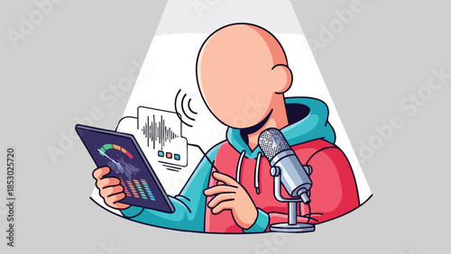 Faceless podcaster recording audio with a tablet and microphone in a minimalist studio illustrating digital content creation and broadcast