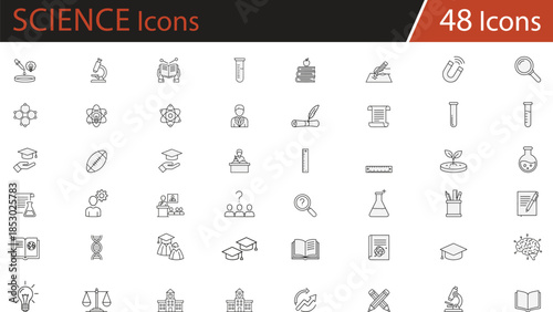 Education and science icon set, black line style, academic research symbols, learning tools, school equipment, laboratory elements, vector illustration for teaching, study, and knowledge-based content