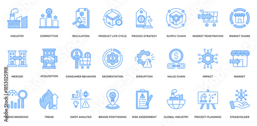 Industry Analysis icon set. Containing industry, competitive, regulation, product life cycle, pricing strategy, merger, segmentation, trend, SWOT analysis icon. Lineal blue style