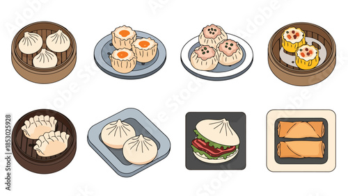 Collection of Asian Dumplings and Steamed Buns Icons Set