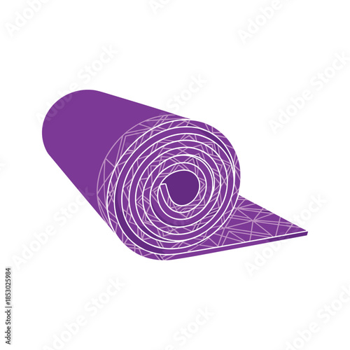 Purple yoga mat rolled up with white lines