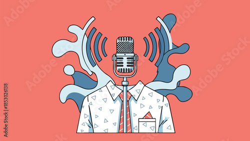 Abstract depiction of a vintage microphone broadcasting soundwaves from a formally dressed figure against a vibrant salmon background