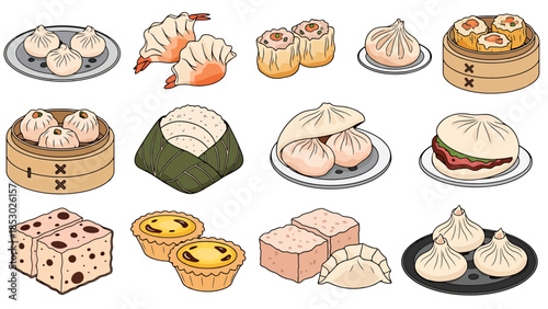 Assortment of Asian Dumplings and Pastries Served on Plates and Steamer Baskets